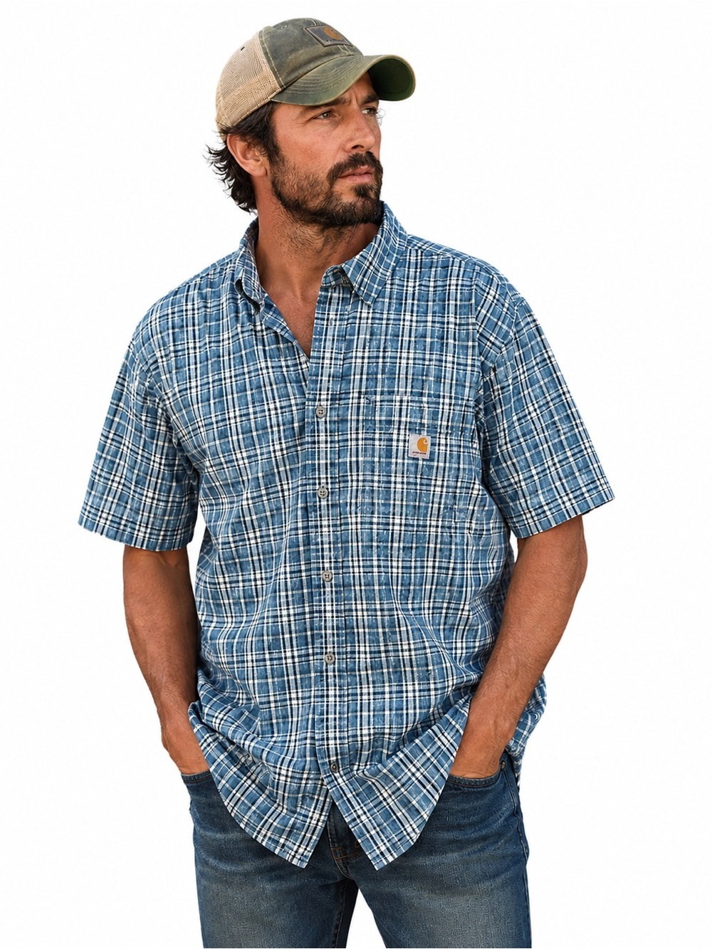 Carhartt Men’s Blue White Plaid Short-Sleeve Workwear Button-Down Shirt 2XLT